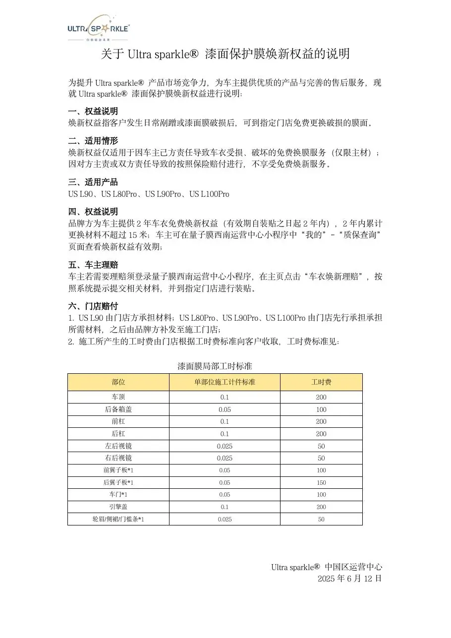 漆面保护膜焕新权益说明